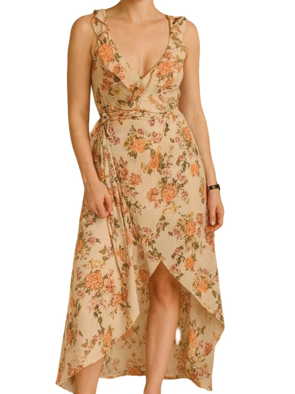 Lumiere Cream Floral Ruffle Curtain Hem Maxi Dress Sz Large